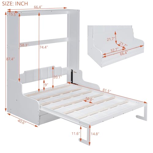 Merax Queen Size Murphy Bed, Wooden Queen Murphy Bed Wall Bed with Sofa and Cushion, for Home Office or Small Room, White