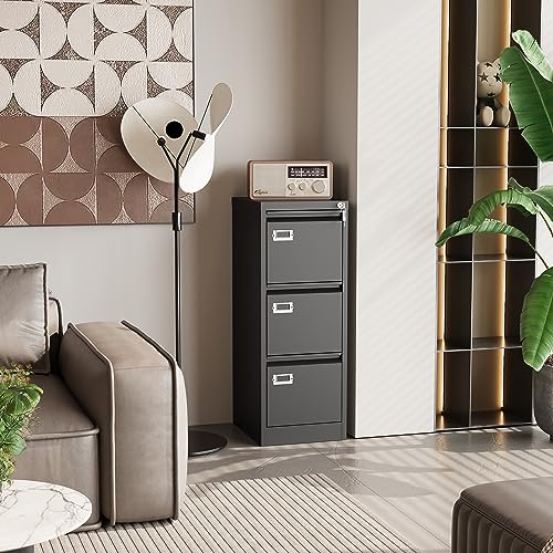 4 Drawer File Cabinet with Lock, Metal Filing Cabinets, Vertical Filing Cabinet Steel Lockable Storage Cabinets for Home Office Hanging Letter/Legal/F4/A4 (Black Gray)