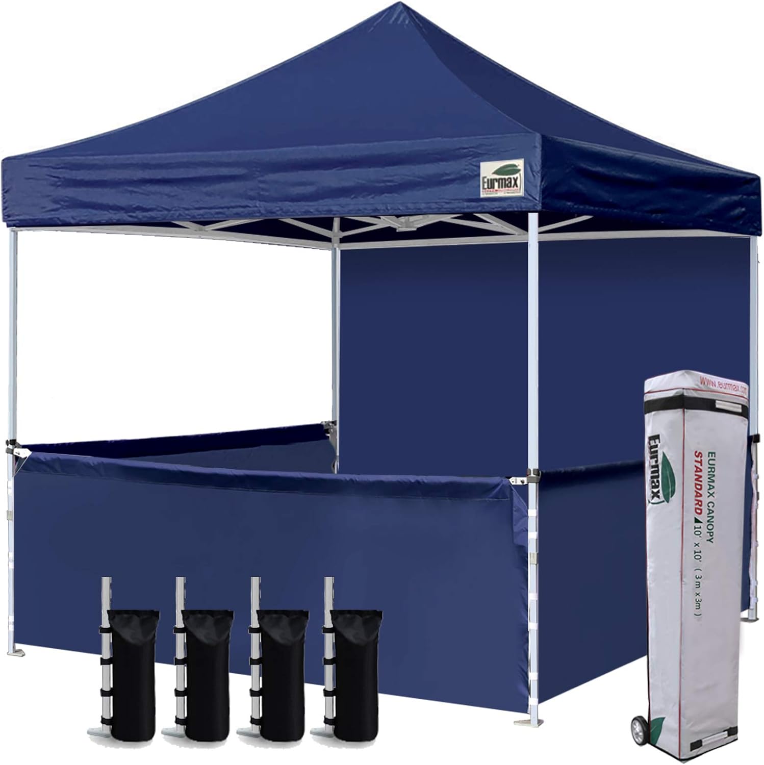 Eurmax USA 10'x10' Ez Pop-up Booth Canopy Tent Commercial Instant Canopies with 1 Full Sidewall & 3 Half Walls and Roller Bag, with 4 SandBags + 3 Cross-Bar (Grey)
