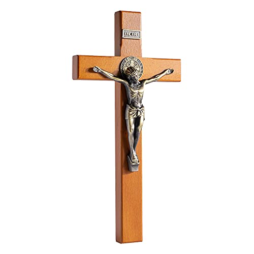 KUXBET Crucifix Cross Catholic 10.7 Inch Wooden Jesus Christ Wall Cross Stand, Hanging or Tabletop with Stand for Home Decor