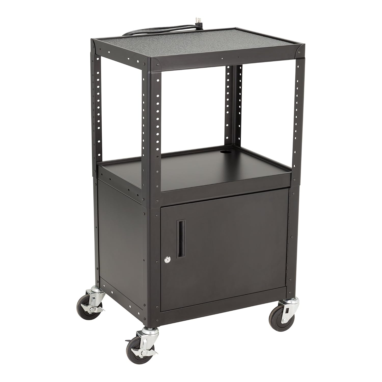 Norwood Commercial Furniture Adjustable Height Metal AV Cart with Cabinet, Electric Power & Sliding Tray, NOR-GNO1010-PK-SO
