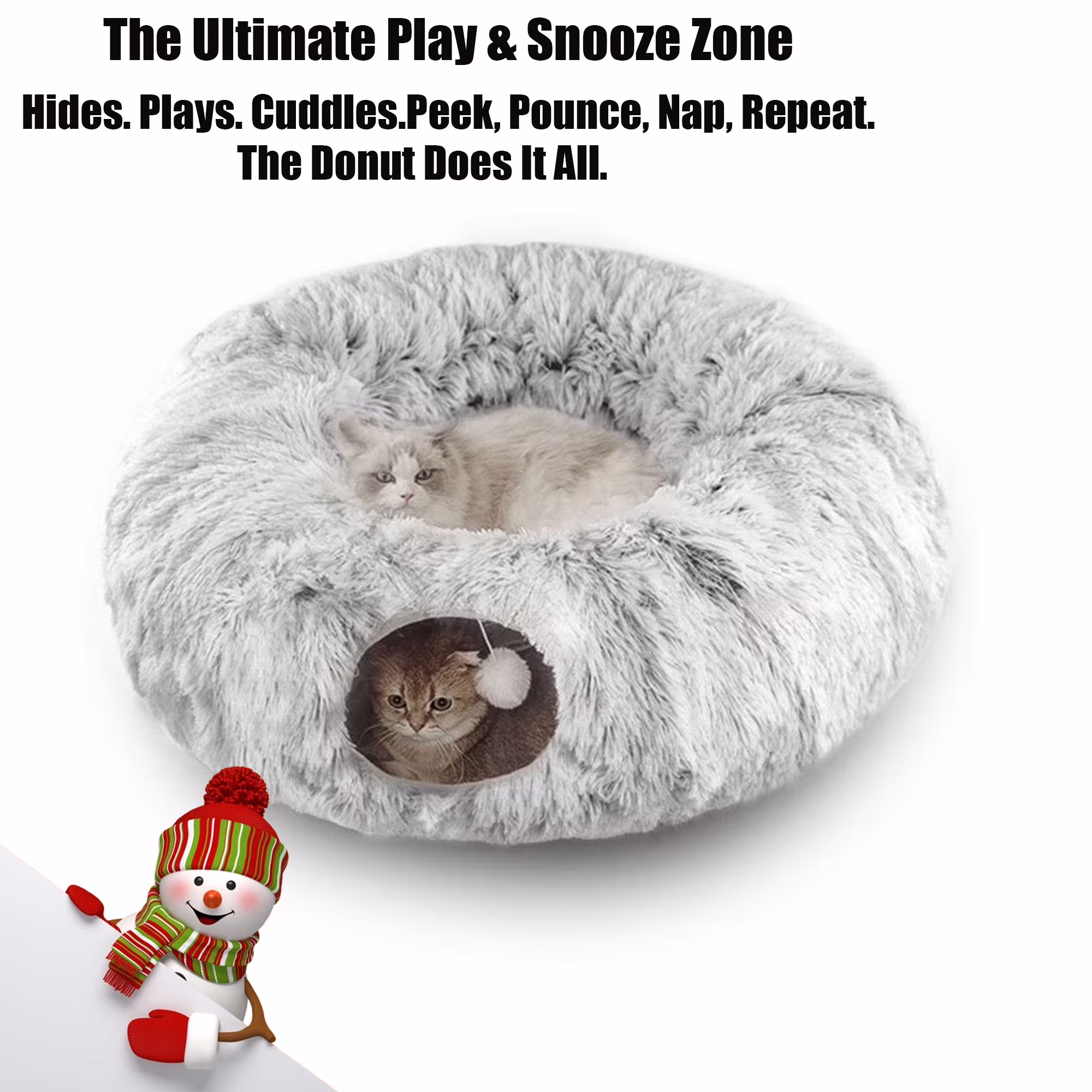 Cat Tunnel with Cat Bed for Indoor,Soft Plush Peekaboo Cat Cave Donut Tunnel, Multifunctional Cat Toys Hideplace for Kittens, Rabbit, Ferret,Grey