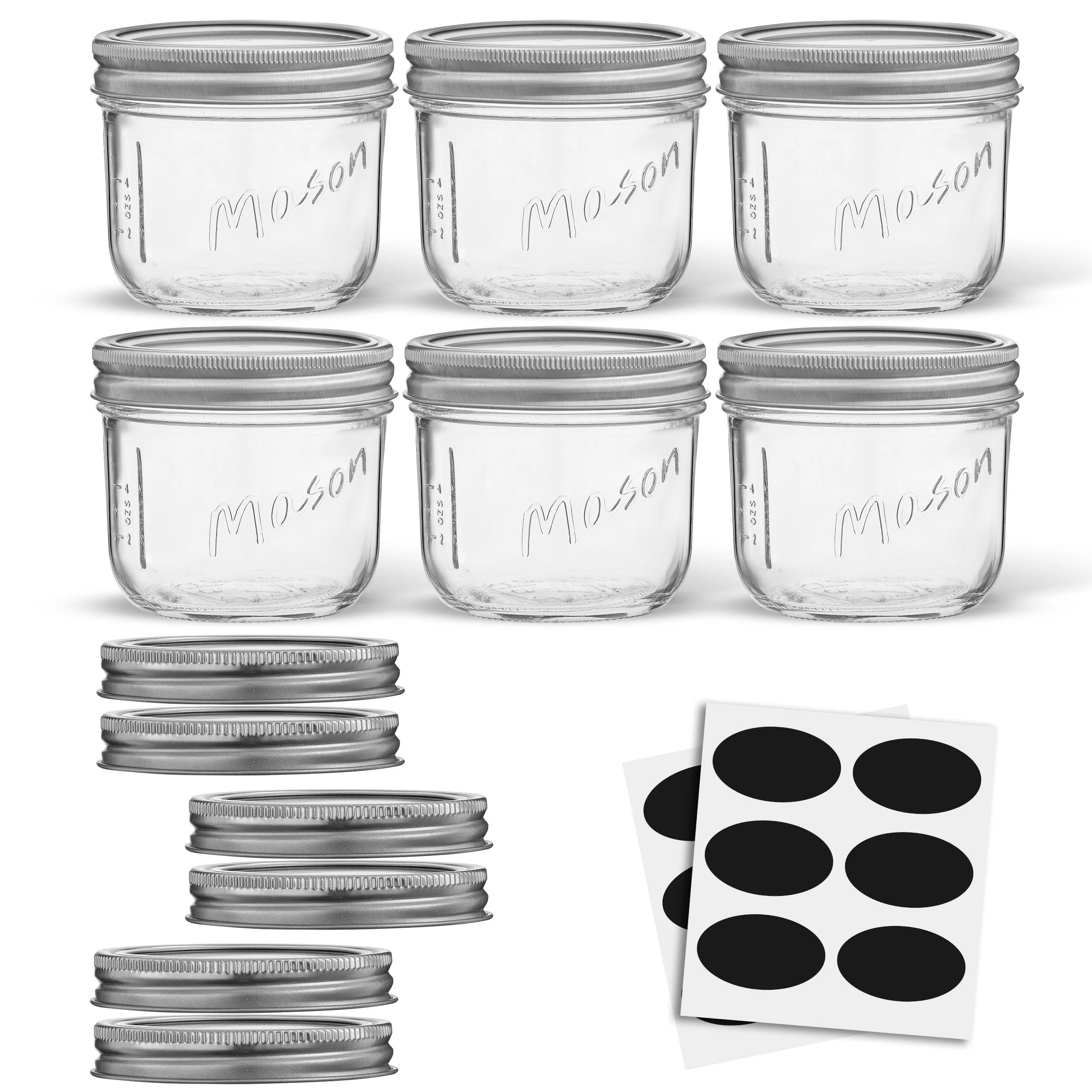 Wide Mouth Small Mason Jars with Airtight Lids, Labels and Measures - 8 oz - [Set of 6] Airtight Canning Jars, Glass Jar