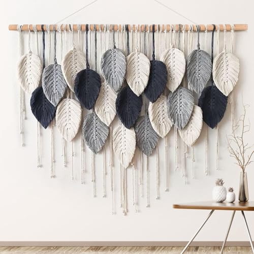 Weldomcor Macrame Wall Hanging Leaf Woven Tapestry Bohemian Chic Wall Hanging Feather Large Handmade Wall Art Decor for Bedroom Living Room Apartment Ornament 16.5