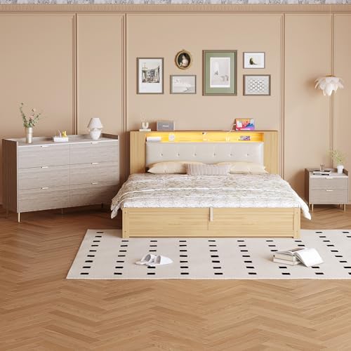 Merax 3 Pieces Bedroom Sets, Queen Size Upholstered Platform Bed with Storage Nightstand and 6 Drawers Dresser Cabinet, Motion Activated Night Lights, USB Charger, Natural