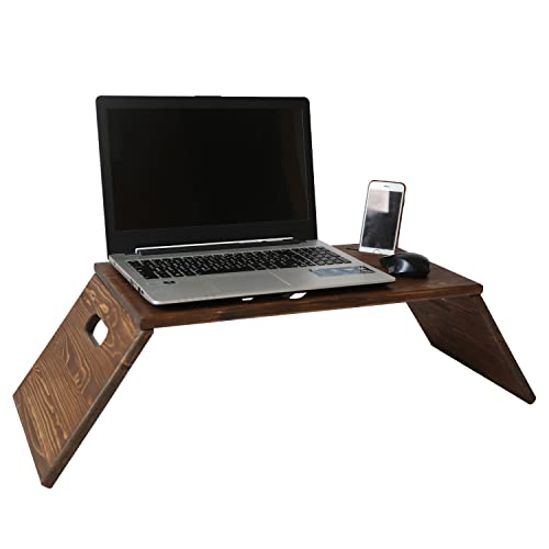 Laptop Stand for Bed with Phone Holder, Lap Desk for Couch Foldable Legs, Wooden Bed Desk for Notebook with Ventilation Air Holes (Walnut)