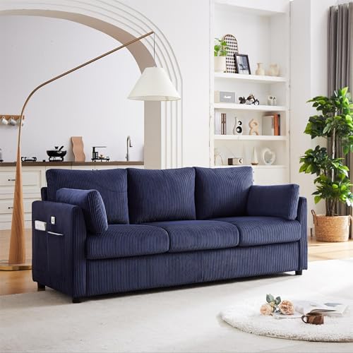 Modern Corduroy Couch 79 Inch Length,3 Seater Sofa w/Square arm and Side Pockets for Living Room, Bedroom, Apartment, Office,Workroom,and Compact Space (Beige)