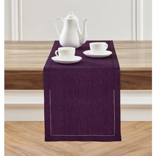Solino Home Linen Chambray Lavender Table Runner 120 Inches Long - 100% Pure Linen Hemstitch Easter Table Runner 14 x 120 Inch for Dining, Wedding, Parties - Milan