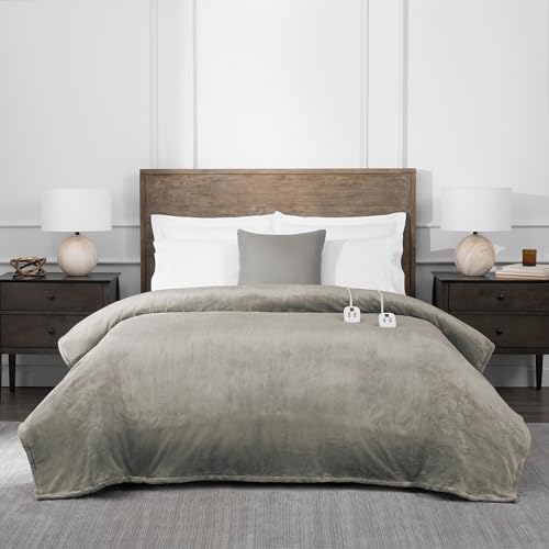 Brookstone Electric Heated Plush Blanket w/ 10 Heat Settings - Adjustable Timer, 12-Hour Auto Shut Off - Machine Washable & Dryer Safe - Polyester Velvet Blanket, King Size 100in x 90in - Taupe
