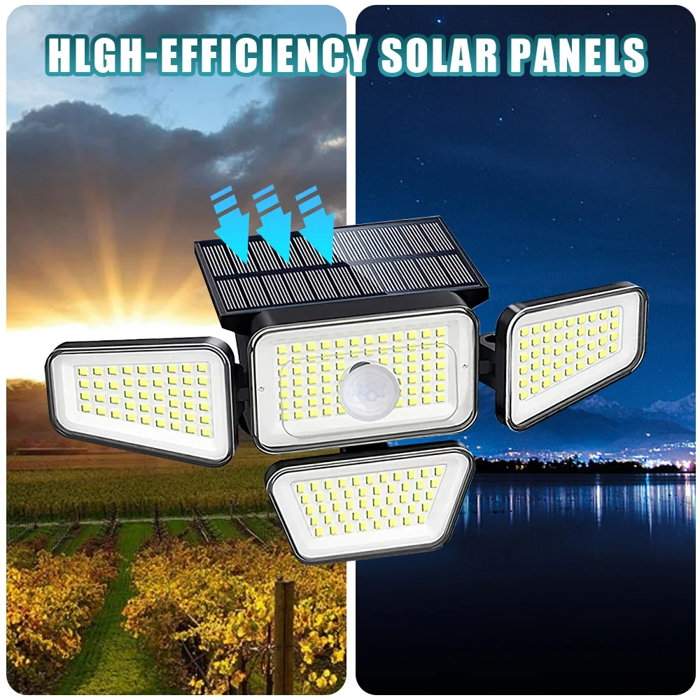 270 LED Solar Flood Light, MDHAND 4 Heads Solar Lights Outdoor IP65 Waterproof Flood Light, 270° Wide Angle Illumination Wall Motion Sensor Spotlight for Garage Yard Porch Entryway Garden Patio