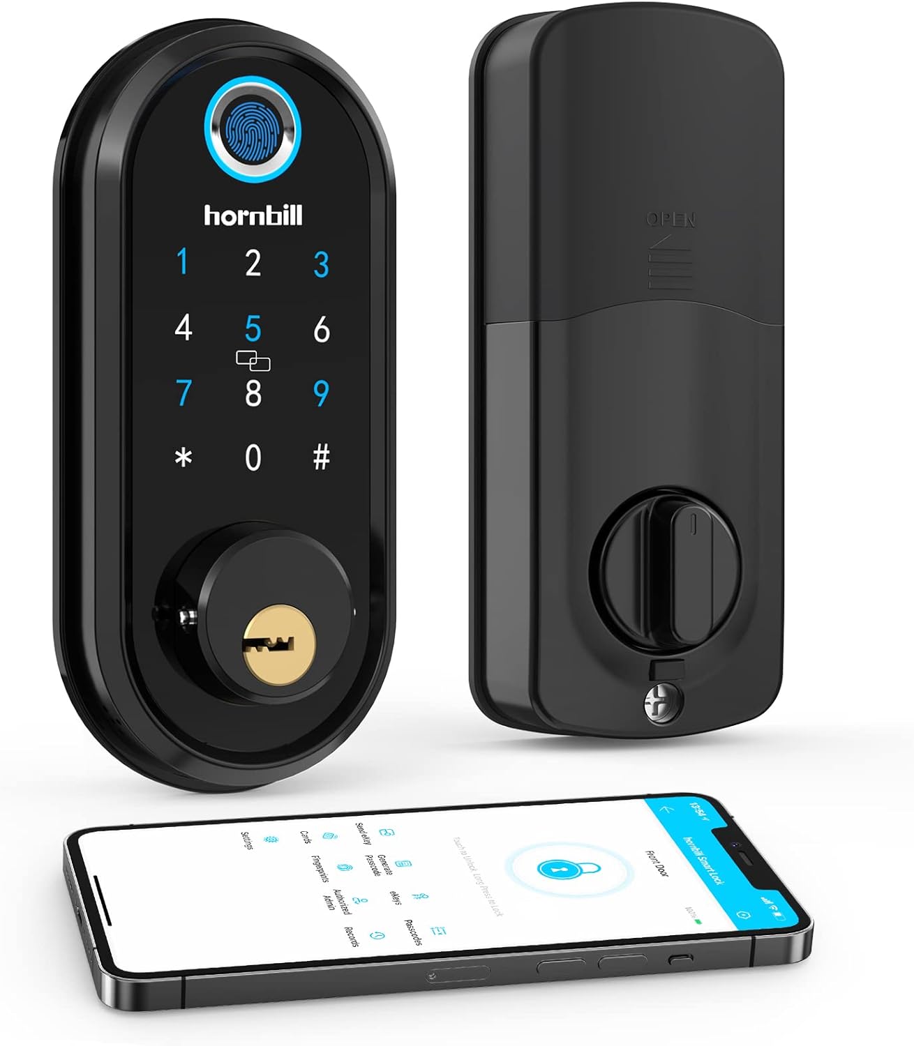 Smart Lock, hornbill 7-in-1 Fingerprint Door Lock, Keyless Entry Door Lock Smart Deadbolt with Touchscreen Keypad, Bluetooth Electronic Digital Lock with App Control for Home Hotel Office