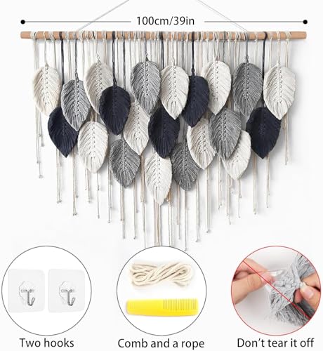 Weldomcor Macrame Wall Hanging Leaf Woven Tapestry Bohemian Chic Wall Hanging Feather Large Handmade Wall Art Decor for Bedroom Living Room Apartment Ornament 16.5