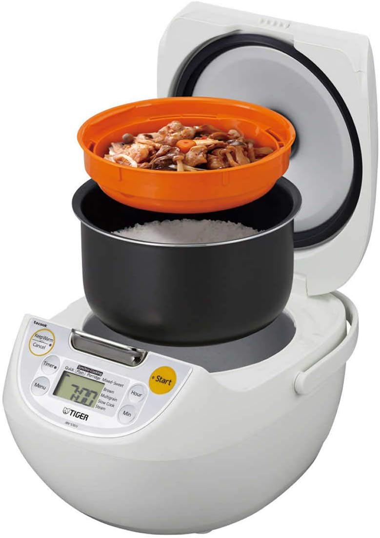 Tiger Japan Made Synchro-Cooking 5.5-Cup Micom Rice Cooker and Warmer with 10 Cooking Menu Settings, Stainless Steel Non-Stick Inner Pot and Tacook Cooking Plate, Lets you Cook Rice and Main Dish at the Same Time