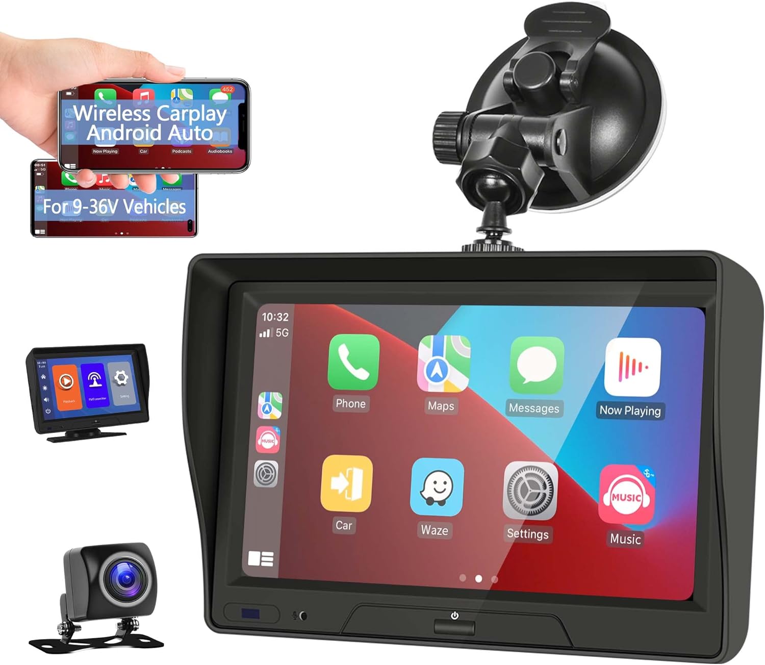 Portable Bluetooth Car Stereo Carplay Android Auto Reversing Monitor Kit, 7