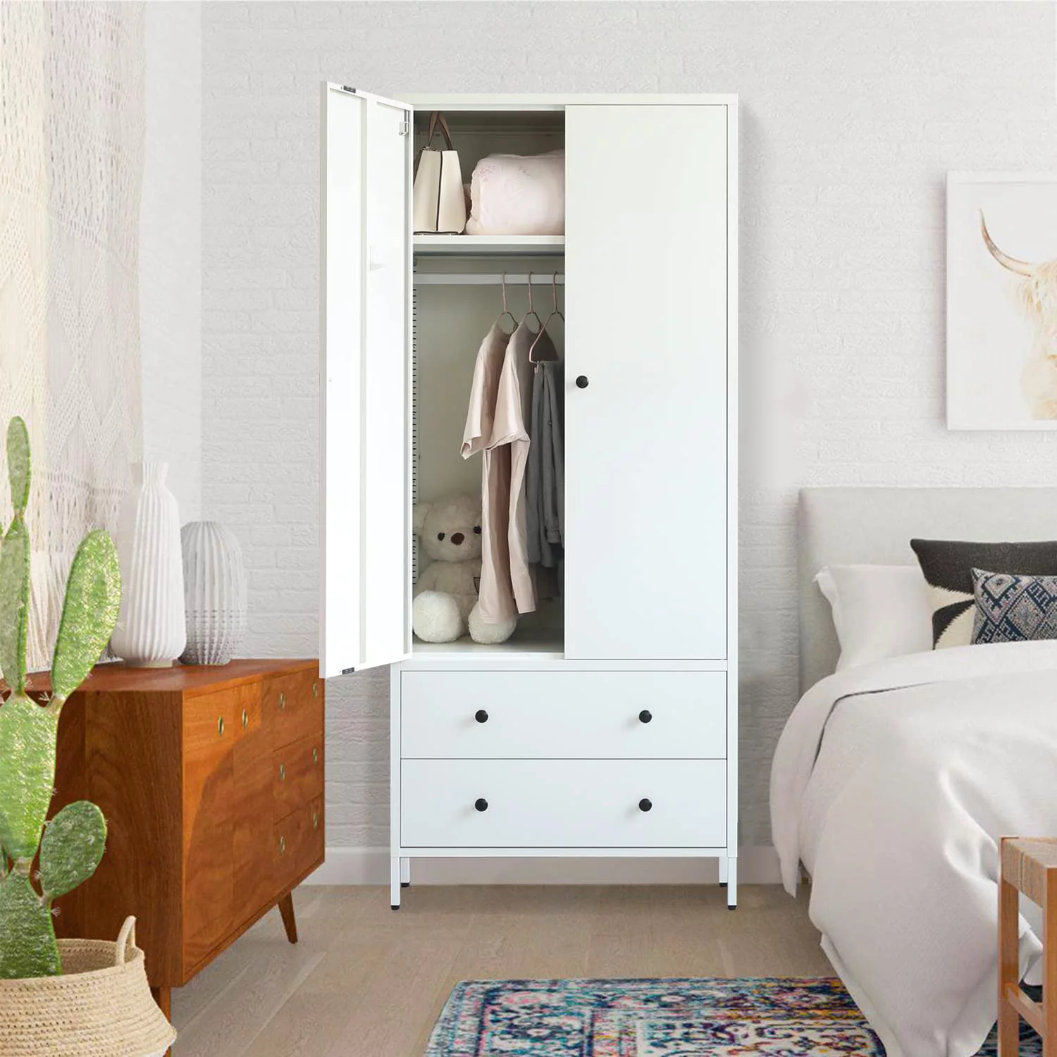 WANHUI Metal Storage Wardrobe with Hanging Rod, Armoire with 2 Doors and 2 Drawers，Steel Wardrobe Closet for Home, Office 74