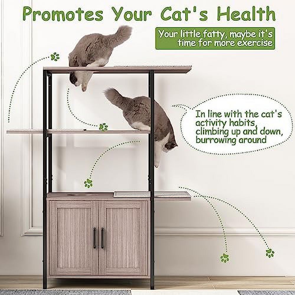 TOLEAD Cat Tree with Litter Box Enclosure, Modern Cat Litter Box Furniture Hidden with Cabinet for Large Cats, Metal Frame 3-Tier Cat Tower, 3 Removable Washable Cushions…