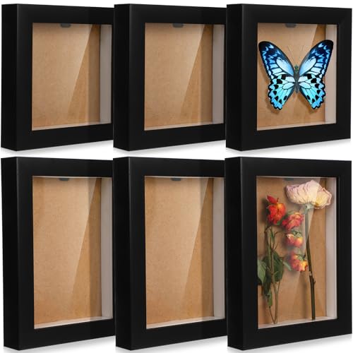 6 Pieces Shadow Box 5x5 Inch and 5x7 Inch Small Shadow Box Wood Display Case Memory Display Frame for Medal, Crafts, Tickets and Photos, Black