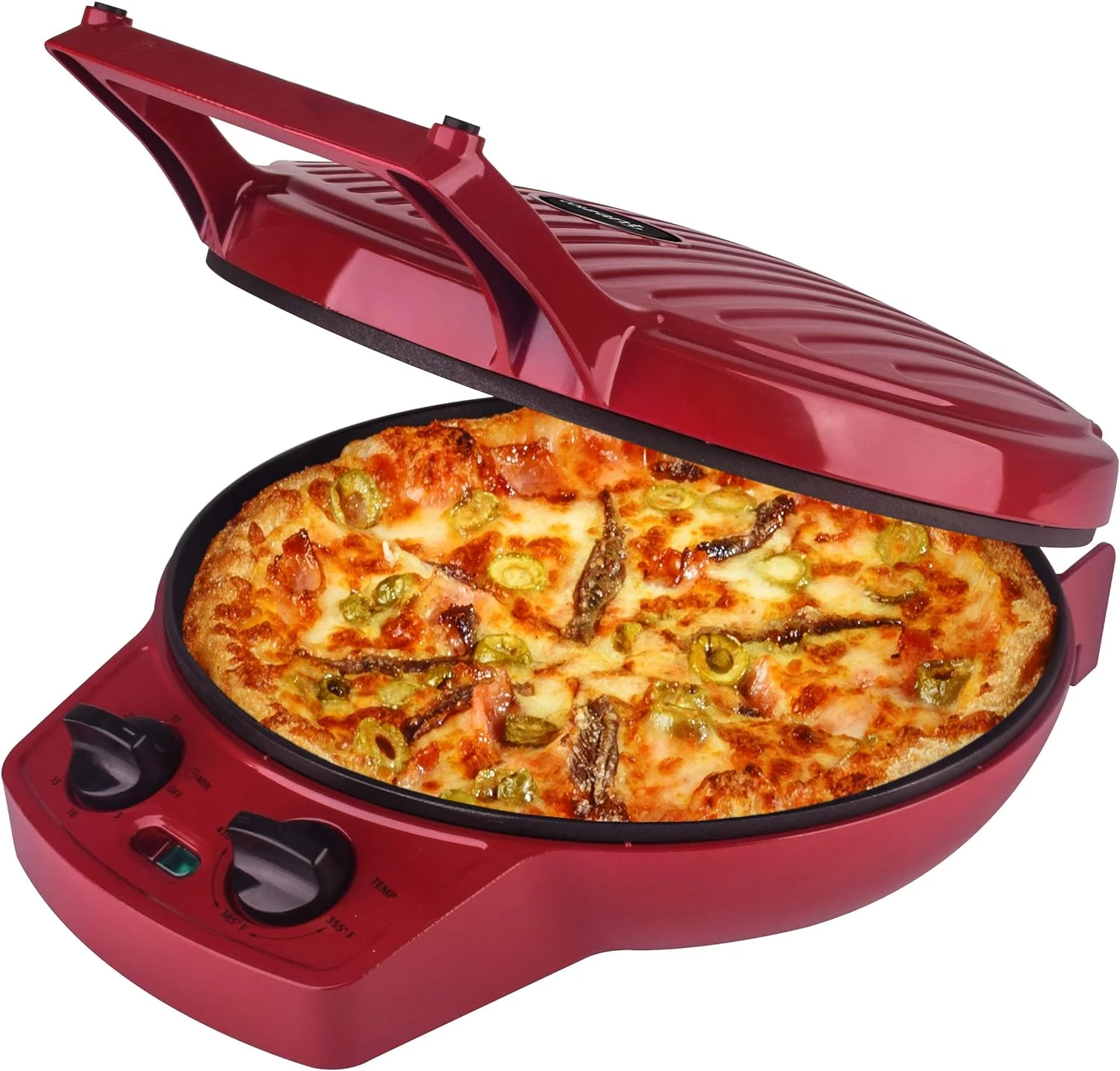 Pizza Maker, 12 Inch Pizza Cooker And Calzone Maker, With Timer &Temperatures Control, 1440 Watts Pizza Oven Convert To Electric Indoor Grill, Red