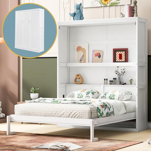 Queen Size Murphy Bed Wall Bed with Shelves, Modern Wall Bed with Shelves, Queen Size Wood Murphy Bed Cabinet Bed, Murphy Bed Chest Murphy Bed Frame, Horizontal Murphy Bed for Guest Bedroom, Grey