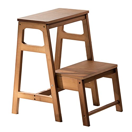 2-Step Ladder Stool, Dual Purpose Folding Solid Wood Step Stool, Portable Non-Slip Display Stand for Balcony Coffee Shop, Save Space, 2 Colors (Color : Wood Color)