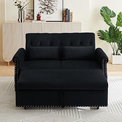 3 in 1 Convertible Sofa Bed with 2 Lumbar Pillows, Velvet Upholstered Sleeper Recliner Sofa Couch with Detachable Armrest, Multifunctional Pull Out Couch for Living Room, Bedroom, Office, Black