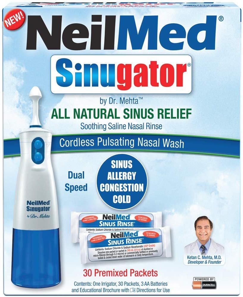 NeilMed Sinugator Cordless Pulsating Nasal Wash Kit with One Irrigator, 30 Premixed Packets and 3 AA Batteries