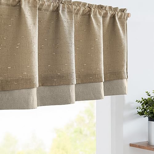 jinchan Linen Valance Sheer Double Layer Kitchen Window Curtain Leaf Embroidered Valance for Living Room cafe Farmhouse Light Filtering Rustic Country Curtain 18 Inch Rod Pocket 1 Panel Beige