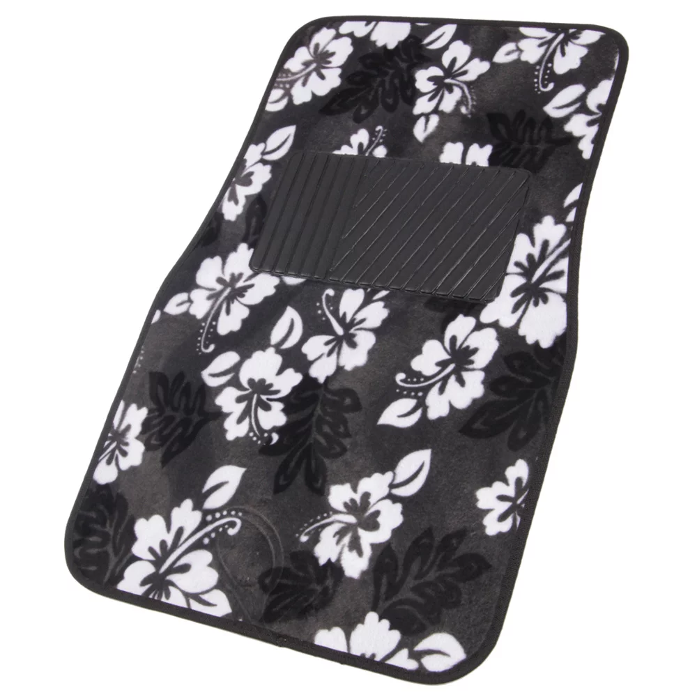 BDK Hawaiian Hibiscus Flower Design Carpet Floor Mats for Car Truck SUV - 4 Piece Set, Black & White