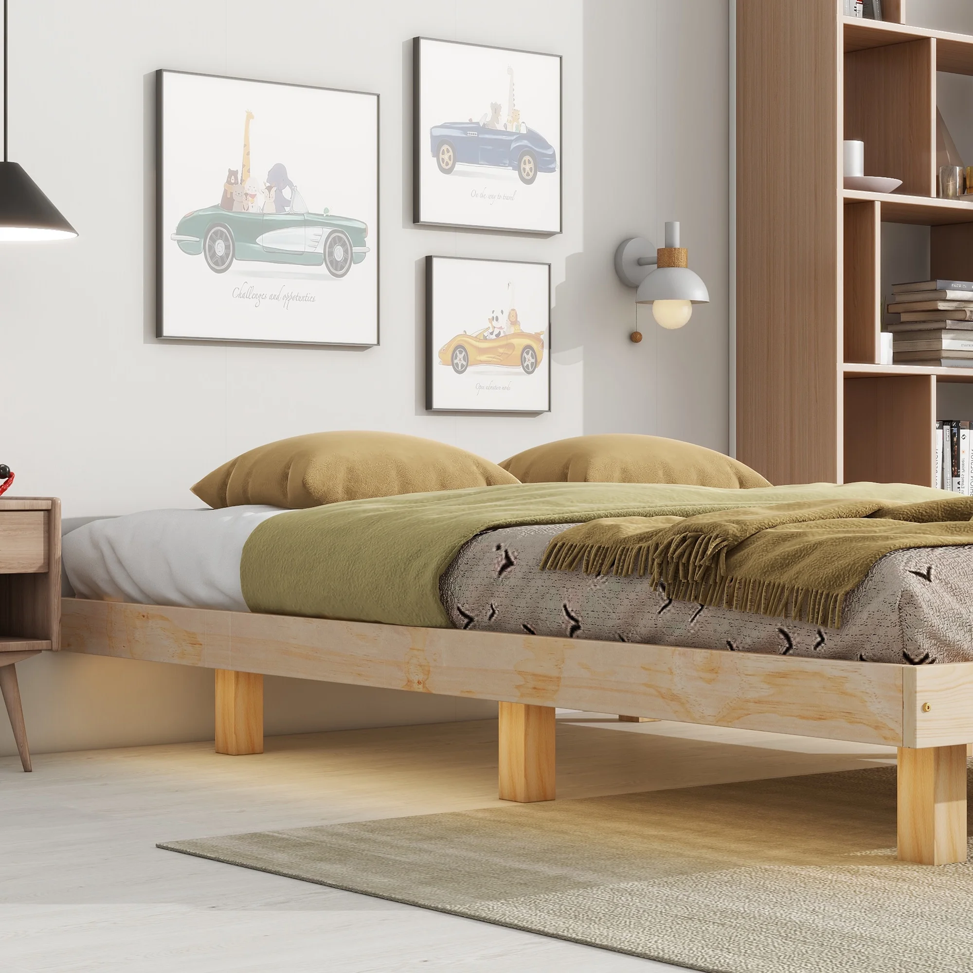 Pouseayar Full Size Floating Bed Frame with LED Lights, Low Profile Platform Bed, Natural