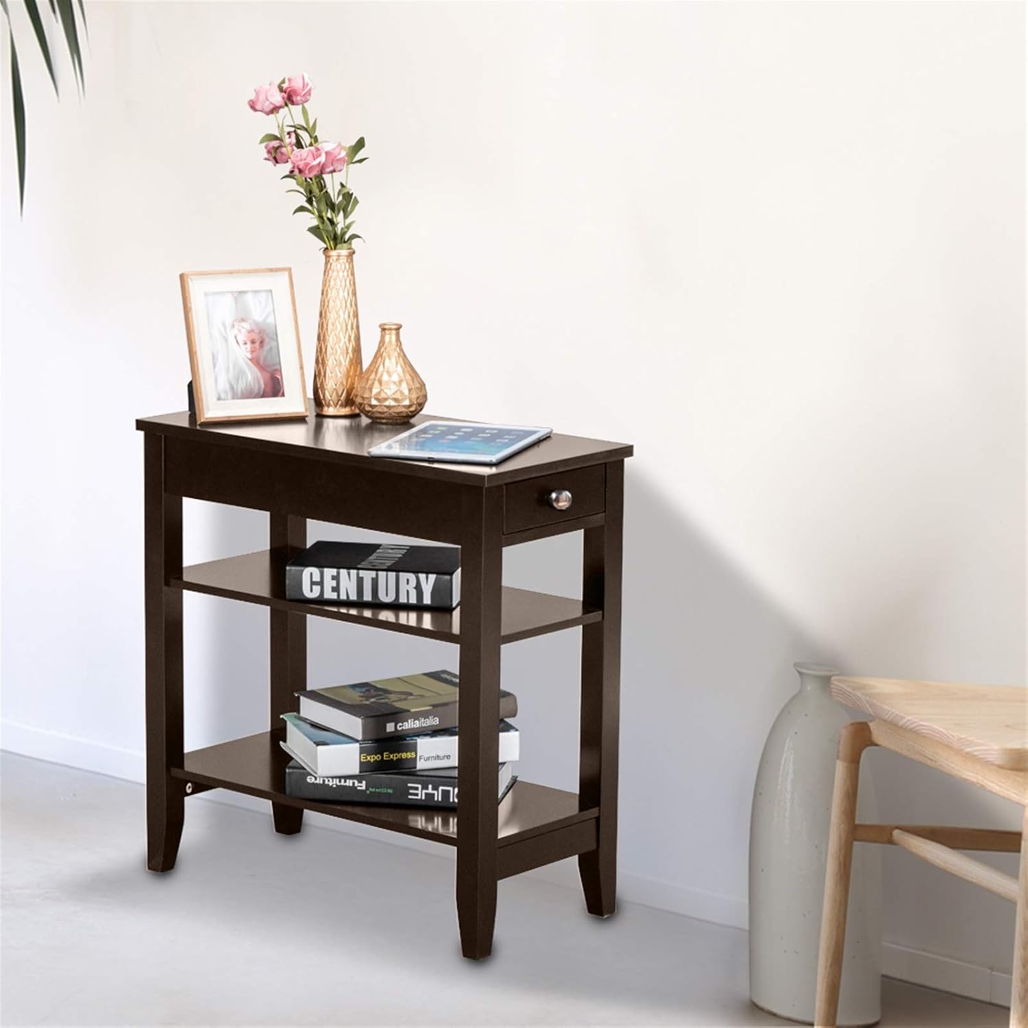 Brown End Table with Drawer, Narrow Side Table with 2-Tier Open Storage Shelves, Slim Side End Table Compact Nightstand Bedside Table for Living Room Bedroom Small Space 11.2
