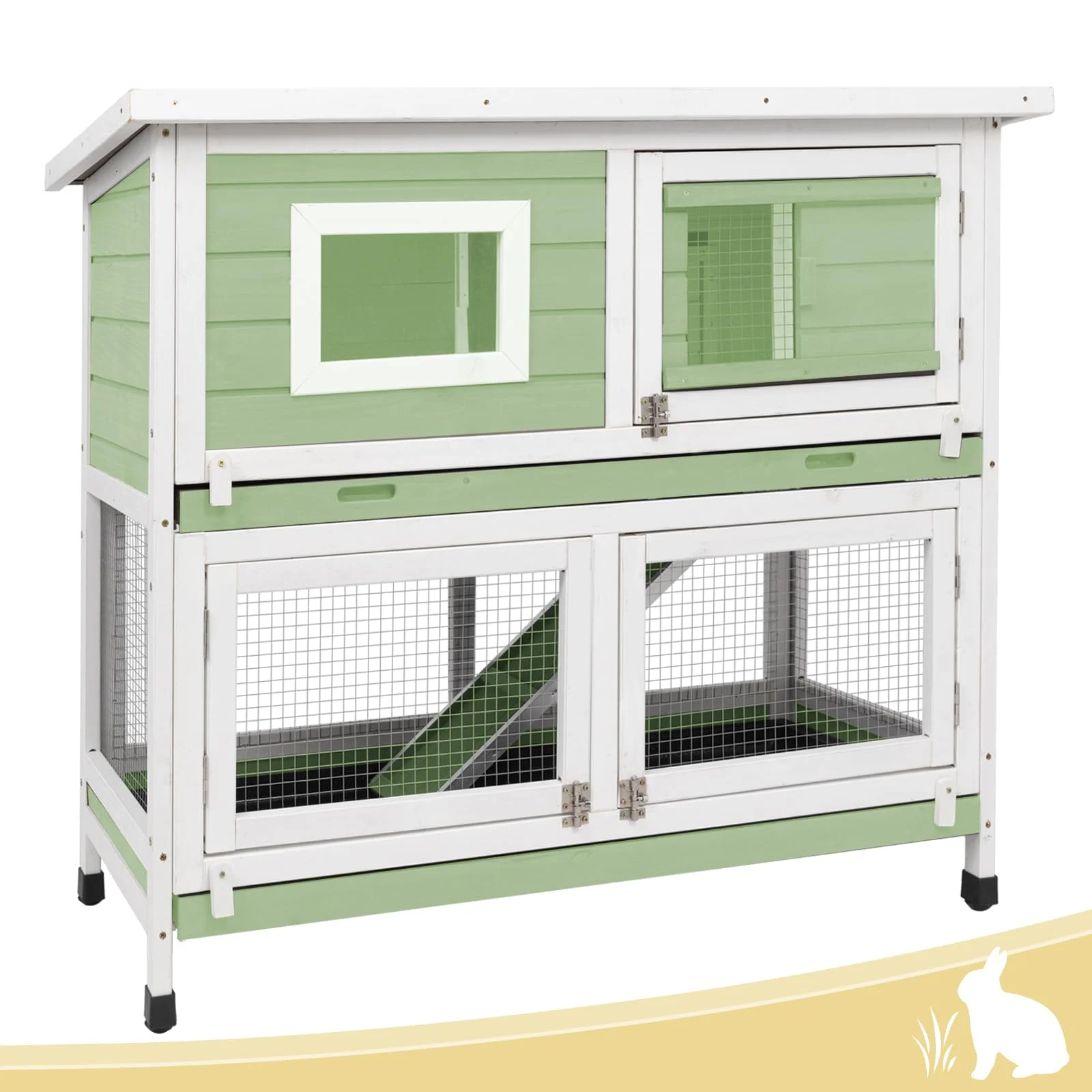 PetsCosset Rabbit Hutch Indoor&Outdoor Rabbit Cages Bunny Cage On Wheels Two Story Weatherproof Guinea Pig Cage for Small Animals with 2 Deeper No Leak Trays Asphalt Roof,Green