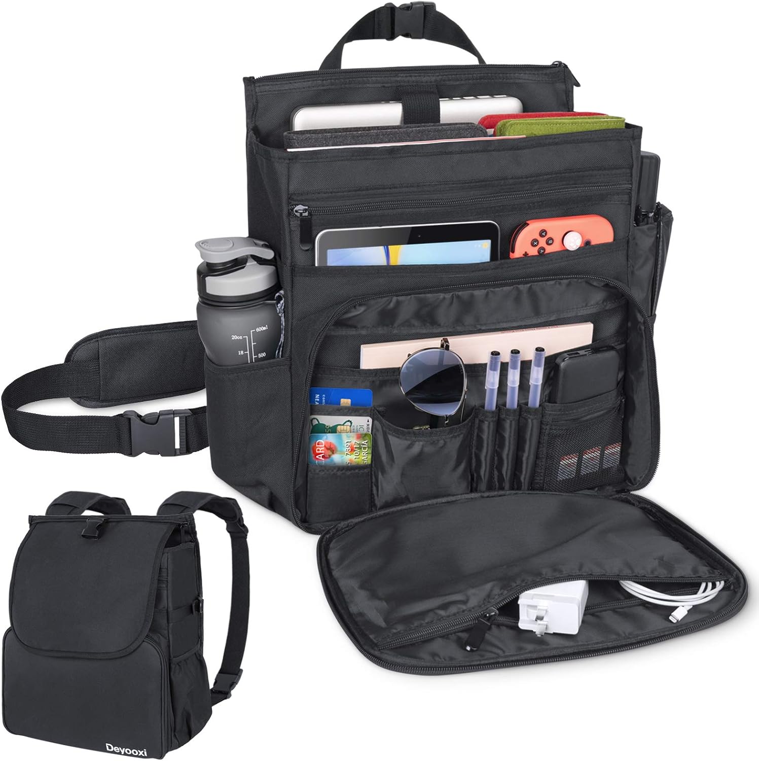 Car Front Seat Organizer Car Office Passenger Seat Organizer Bag,Carry as Backpack or Shoulder Bag,with 3 Adjustable Straps,Fits Any Car/Truck,Storage for Laptop/Office Supplies & More,Black