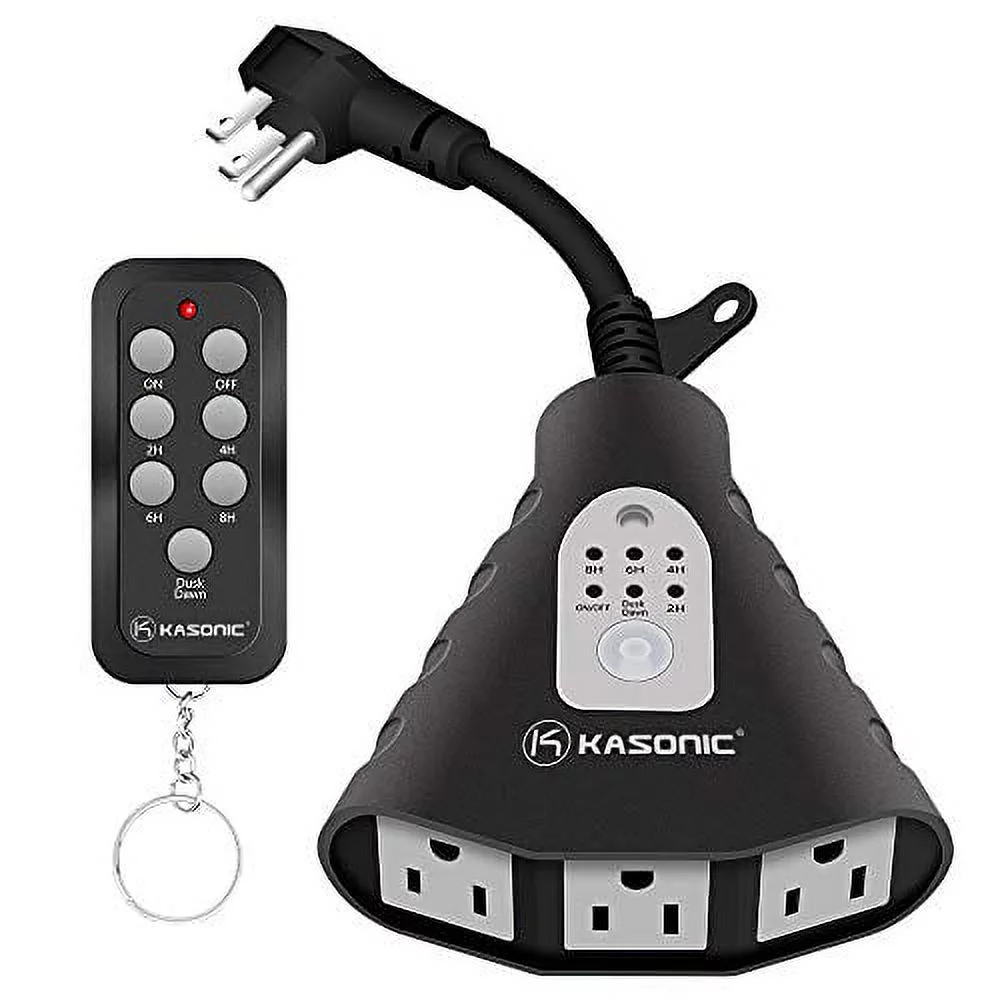 Kasonic Wireless Outdoor Remote Control Outlets With Timer And Sensor Function; 3 Outlets 100 Feet Rf Range; Etl Listed Water Resistant For Outdoor Lights, Kitchen Appliances (Black)