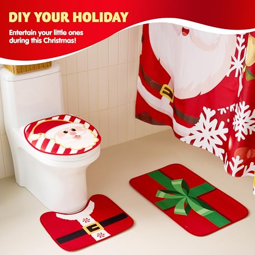 JOYIN 4 Pcs Christmas Bathroom Set with Shower Curtain, Bath Mat, Toilet Lid Cover, U Shape Rug & Hooks, Xmas Bathroom Decor Santa Claus Theme for Holiday Use Party Favors Indoor