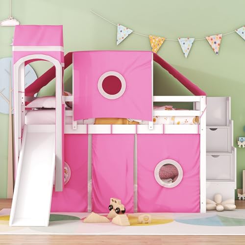 House Full Loft Bed with Slide,Storage Stairs and Tent, Wood Kids Loft Bunk Bed with Tower and Ladders, Playhouse Full Bed Frame for Kids, Teens, Boys & Girls (Full, Dark Blue)