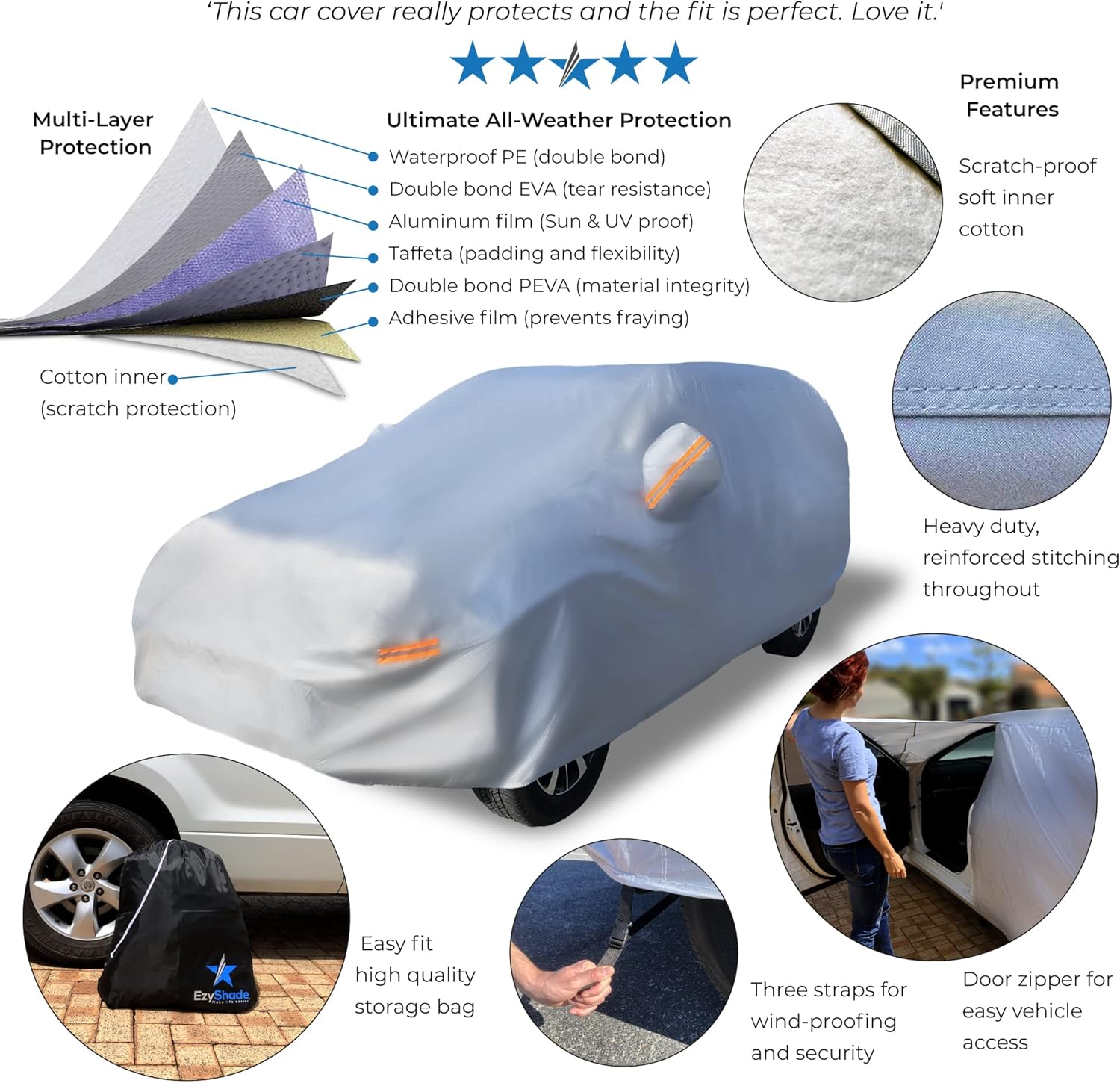 EzyShade 10-Layer Waterproof Car Cover. See Vehicle Size-Chart for Accurate Fit. All Weather Full Exterior Outdoor Covers for SUV MPV Jeep. Sun UV Rain Snow Wind Protection. Size S3 (See Size Chart)