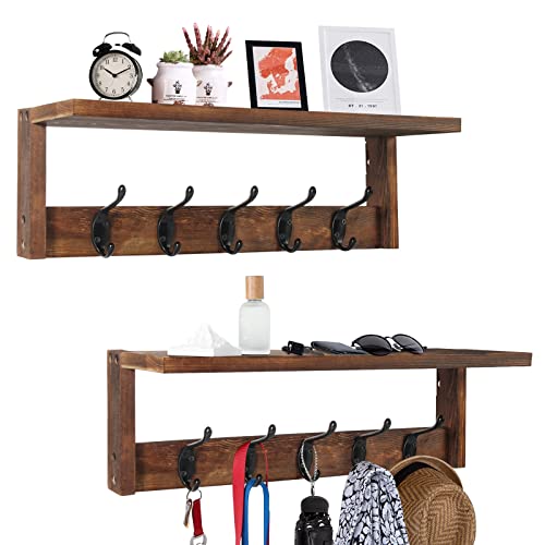 2 Pack Coat Rack Wall Mount with Shelf, Wood Wall Coat Rack with Hooks, Coat Hanger Wall Mount, Entryway Shelf for Clothes, Hats, Towel, Purse, for Living Room, Bedroom, Bathroom, Rustic Brown