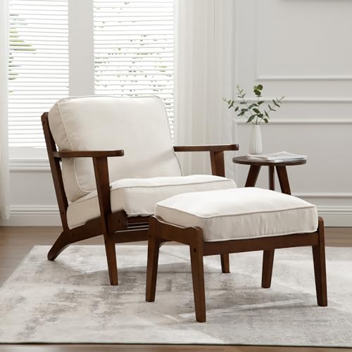 chairus Mid-Century Modern Accent Chair Linen Fabric Upholstered Living Room Chair Comfy Single Chair for Bedroom Reading Room Lounge with Arm & Solid Wood Frame, Fabric Beige