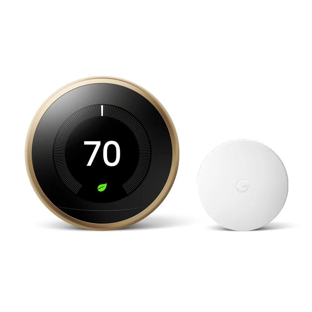 Google Nest Learning Thermostat 3rd Gen in Brass and Nest Temperature Sensor, Gold