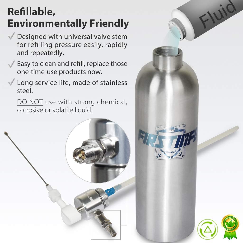 FIRSTINFO Aerosol Refillable Fluid Oil Pressure Storage Sprayer Can Stainless Steel Pneumatic Manual Compressed, Dual Purpose Nozzle for Jet Straight Stream & Mist Spraying Kit Pack of 2