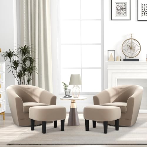 Swivel Accent Chair with Ottoman Set of 2, Soft Velvet 360 Degree Swivel Barrel Round Club Tub Chair with Footrest, Comfy Armchair for Living Room Bedroom