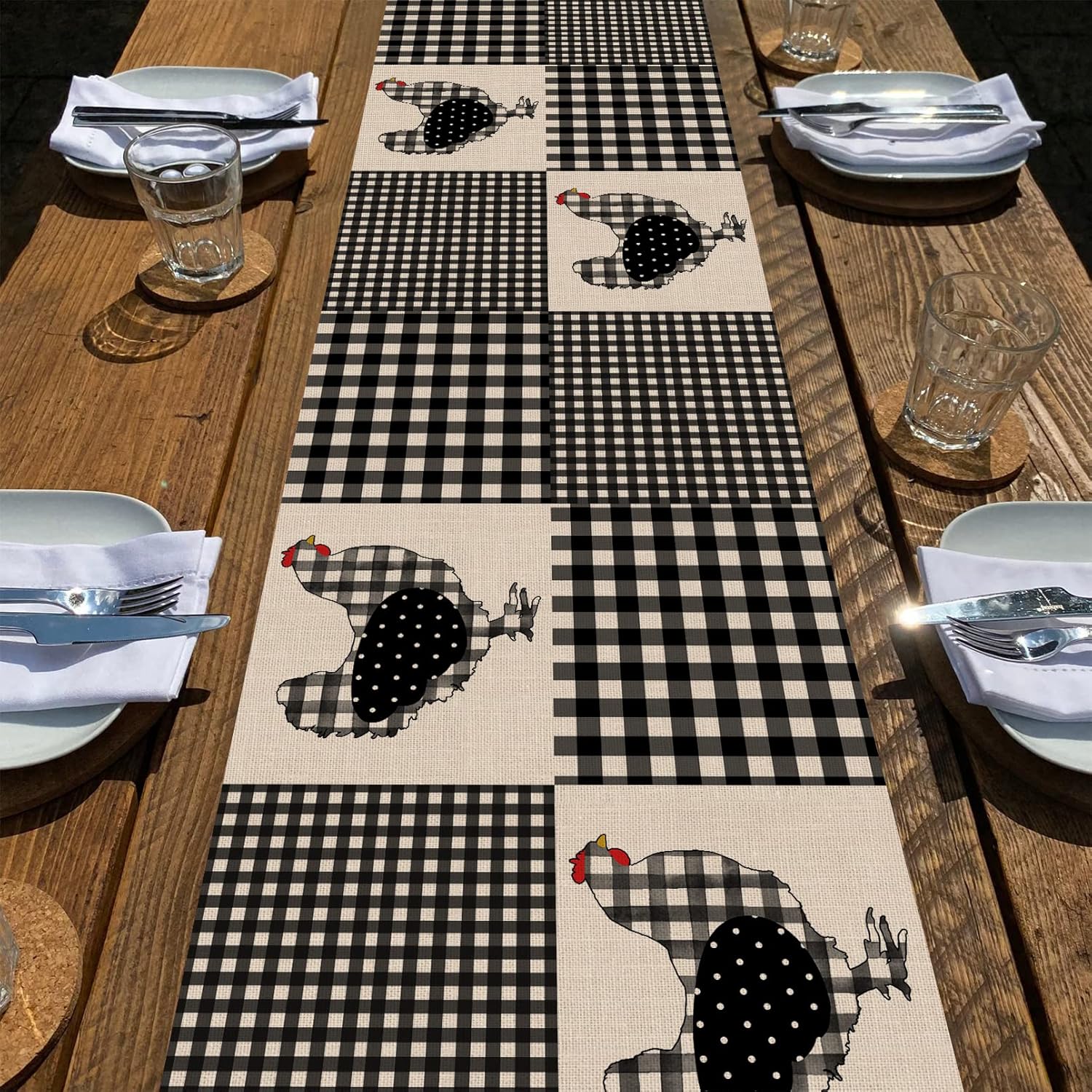 Seliem Farm Animal Chicken Hen Black White Buffalo Plaid Check Table Runner, Farmhouse Chick Home Kitchen Holiday Spring Summer Decor, Easter Country Rustic Burlap Dining Decoration Party Supply 13x72
