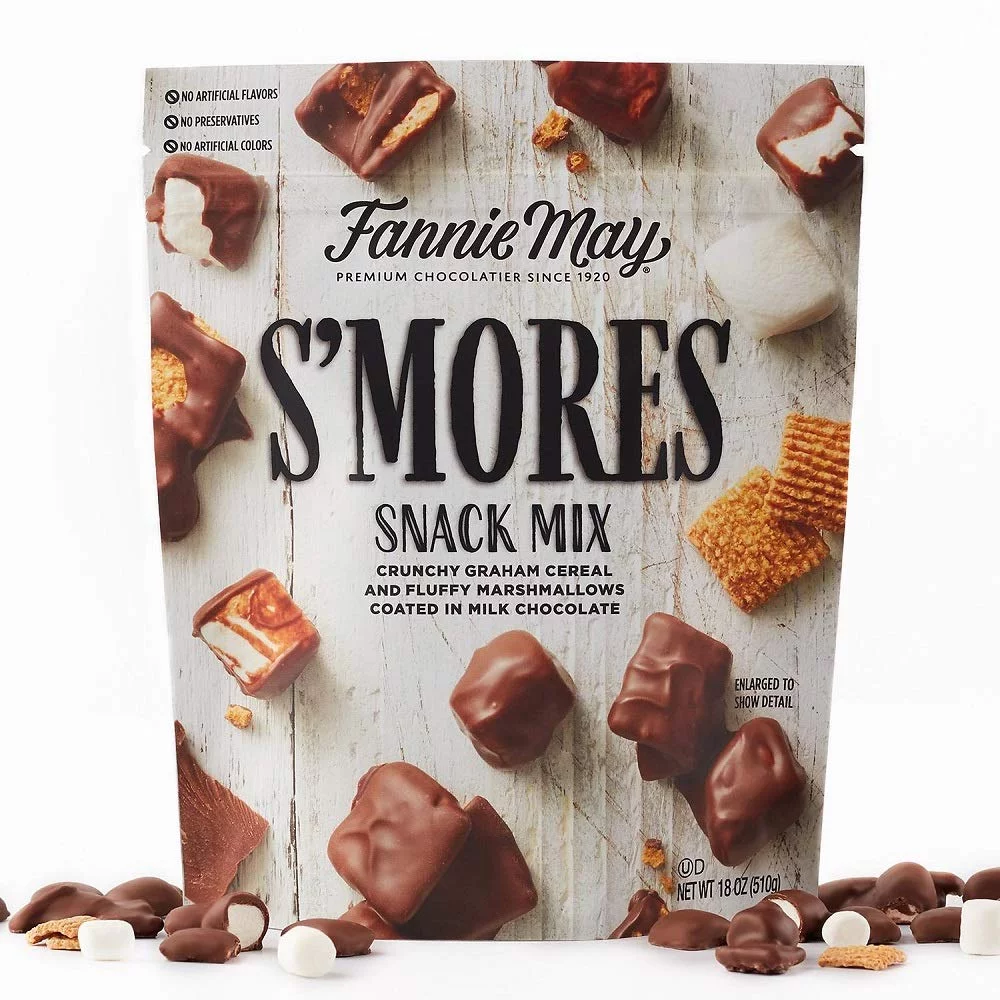 Fannie May S'mores Snack Mix, Milk Chocolate Covered Mini Marshmallows and Graham Cereal, 18oz Bag