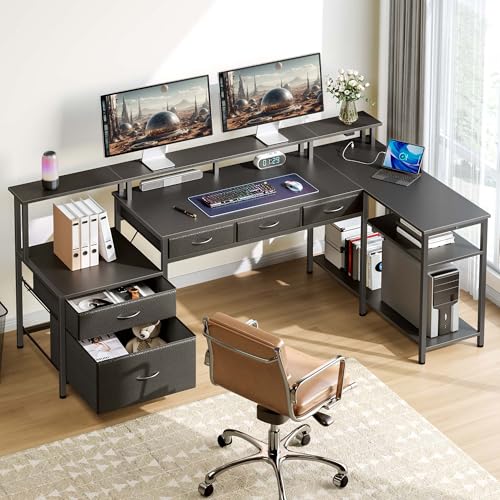 Seventable L Shaped Desk with File Drawers, 64