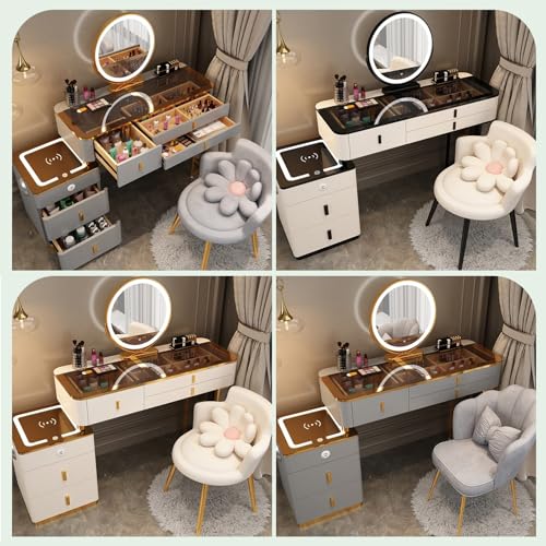 Vanity Mirror with Lights and Desk,Vanity Makeup Table Set,Makeup Vanity Table Wit Round 3-Colors Lights,with Cushioned Stool,with 2 Drawers and Storage Shelves,Innovative Glass Table Top for Cosmetic