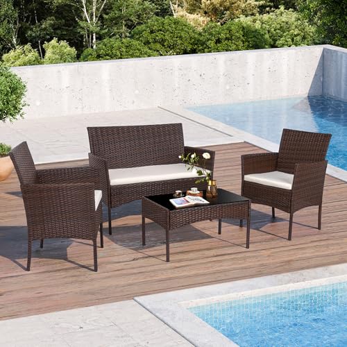 Shintenchi 4 Piece Outdoor Patio Furniture Sets, Small Wicker Patio Conversation Furniture Rattan Chair Set with Tempered Glass Coffee Table for Backyard Porch Garden Poolside Balcony,Black