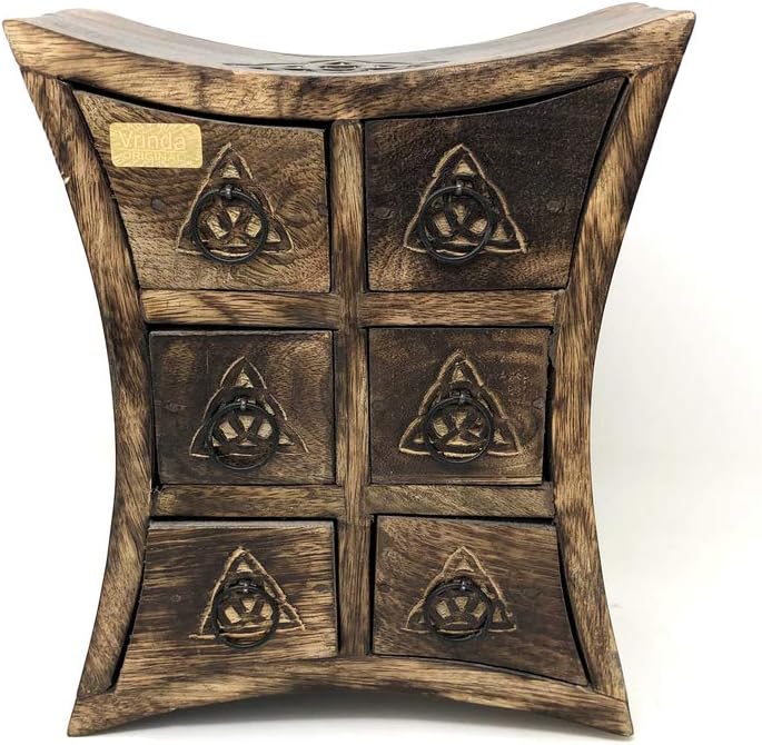 vrinda® Wooden Storage Almirah Curved Triquetra - Premium Quality Wood Handcrafted Herb Cupboard for Wicca, Pagan, and Herbal Practices - Compact 6