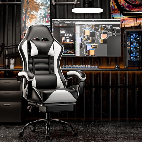 Ergonomic Gaming Chair with Footrest, PU Leather Video Game Chairs for Adults, Reclining Gamer Chair Office Chair with Lumbar Support, Comfortable Computer Chair for Heavy People, Blue