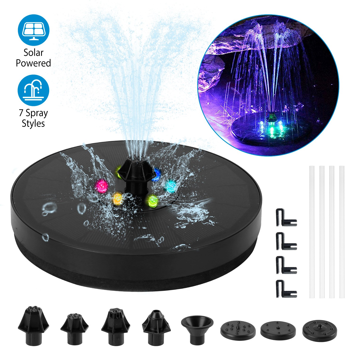 Solarek Solar Powered Fountain Pump Floating Bird Bath Pond Pump With LED Lights 7 Nozzles