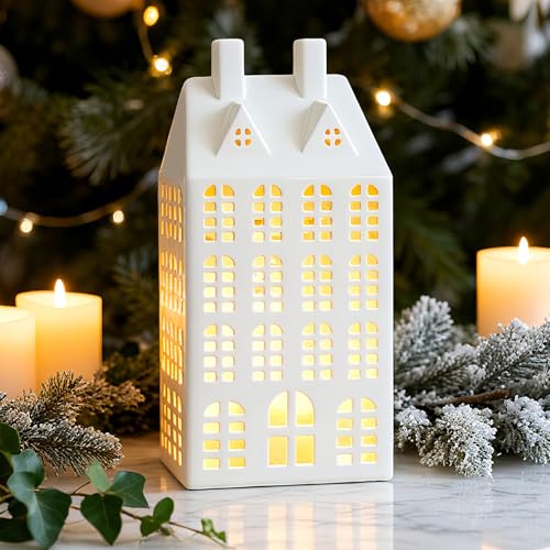DN DECONATION Light Up Christmas Village House, White Ceramic House Decor with Lights, Modern Christmas Town Building Decorations, Winter Village Decor for Tabletop Centerpiece Inside